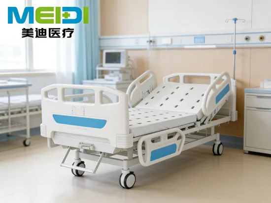 Punching Single Crank Nursing Bed with Four Small Guardrails, Triple Hollow Head & Foot Board, Blue Sticker, Central Control Bra