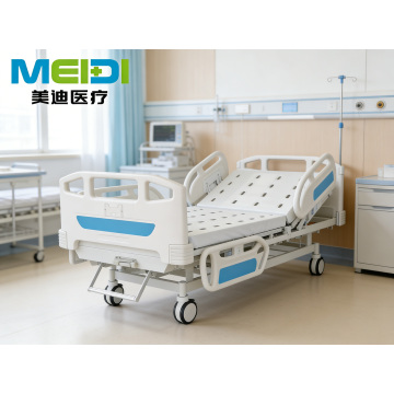 Punching Single Crank Nursing Bed with Four Small Guardrails, Triple Hollow Head & Foot Board, Blue Sticker, Central Control Bra