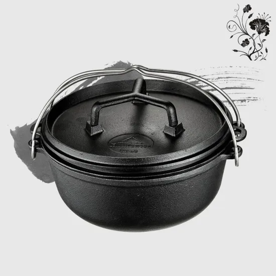 25cm Cast Iron Oven Camping Pot Uncoated Cast Iron Dutch Pot Multi-function Outdoor Stew Pot Barbecue Cooker Soup Picnic tools