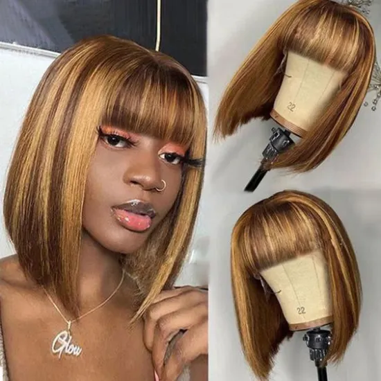 Dropshipping P4/27 Highlight Short Bob Wig With Bangs Non-Lace Virgin Human Hair For Black Women Curly 613 Blonde Bob Wigs