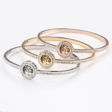 Tree of Life Diamond Bangle Stainless Steel Gold Bracelet