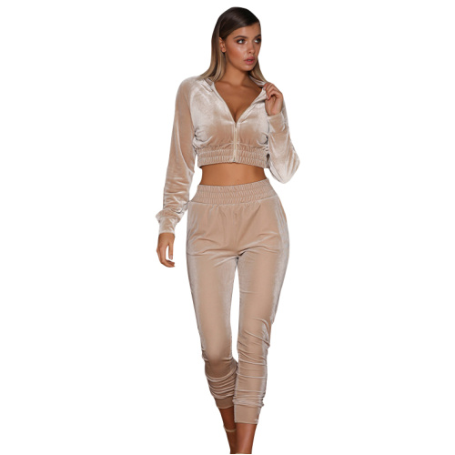 Hot Selling Women 2pcs Plain Color Velvet Tracksuit