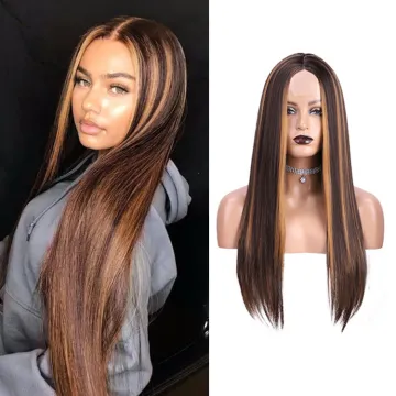 Synthetic Blend Wig Extension Heat Resistant Ombre Long Straight Highlight Brown For Black Women Lace Front Synthetic Hair Wigs