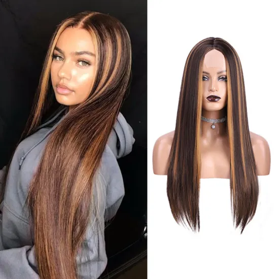 Synthetic Blend Wig Extension Heat Resistant Ombre Long Straight Highlight Brown For Black Women Lace Front Synthetic Hair Wigs