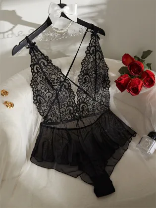 New Pink Tender Girl Sexy V-Neck Beautiful Back Mesh One-Piece Lingerie