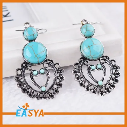 Classic Accessories Double Round Turquoise Stones Heart Earrings