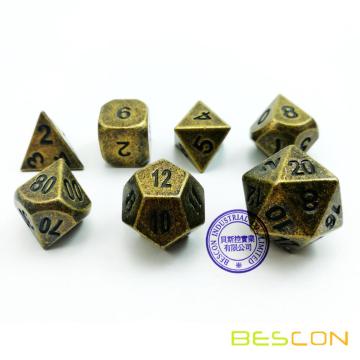 Bescon Ancient Brass Solid Metal Polyhedral D&D Dice Set of 7 Antique Copper Metal RPG Role Playing Game Dice 7pcs Set