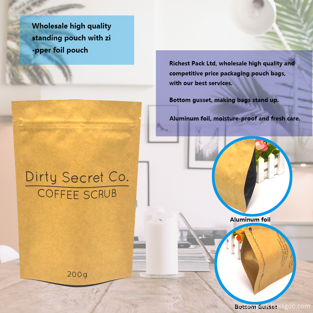 Heat seal colored aluminum foil Kraft coffee bag 