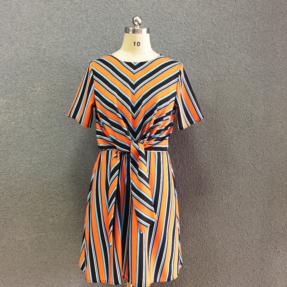 Women's polyester striped short sleeves long dress