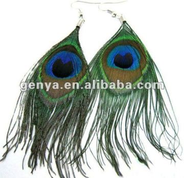 Fashion real peacock feather earrings with hook in natural color