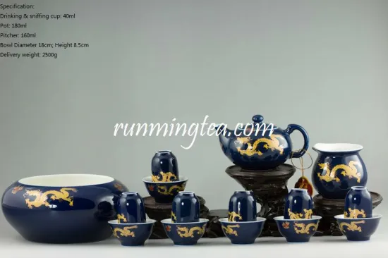 Golden Dragon Teaware Set, 6 Pairs of Drinking & Sniffing Cups+ Teapot+Pitcher+ Gongfu Tea Bowl(in a gift package)