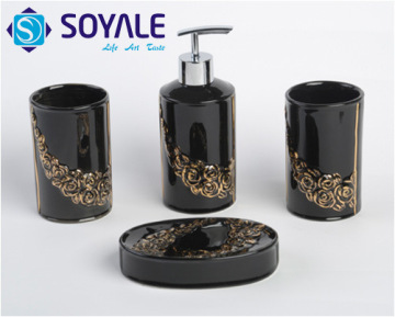 2015 New Black Color Flower Design Ceramic Bathroom Accessories Set