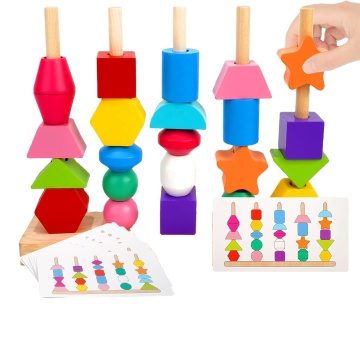 Montessori Educational Wooden Stacking Blocks, Lacing Beads, and Matching Shape Stacker Toy Set for Toddlers