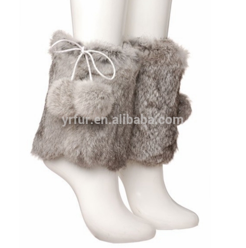 High Quality YR107 Natural Gray Real Rabbit Fur Leg Warmer Free Size with Rabbit Pom Poms