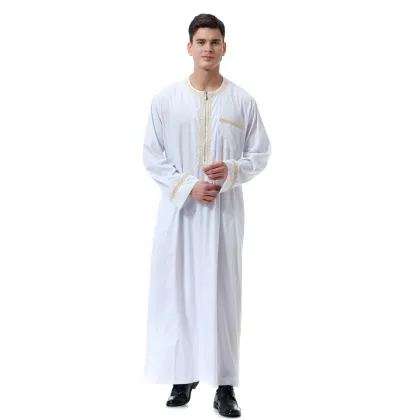 Maxi Muslim Male Embroidered Long Sleeve Kaftan Abaya Islamic Muslim Arabian Men Clothing Thobe Thawb