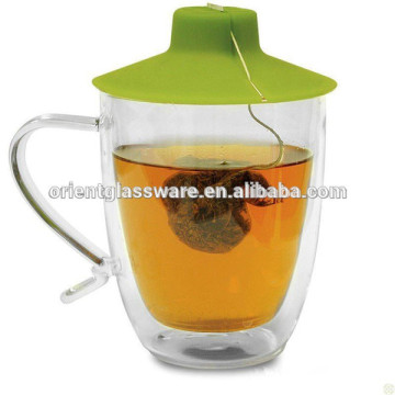 High quality clear double wall glass thermos cup with lid handle