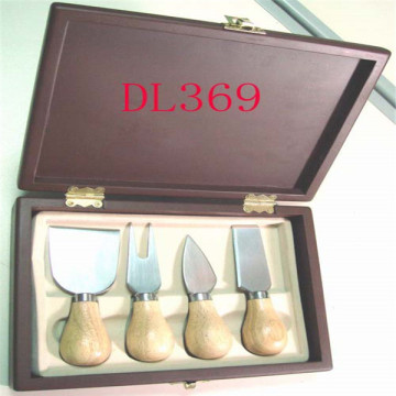 stainless steel 4pcs decorative cheese knife set with wood box mini cheese fondue set
