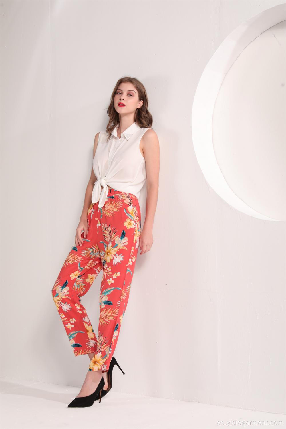 Pantalones de tobillo con estampado floral tropical para mujer