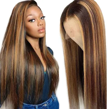 HanF Blonde 36 Inch Long Straight Brown 13X4 Transparent Lace Highlighted Human Hair Wigs 12a Highlight Body Wave Hair Full Wig