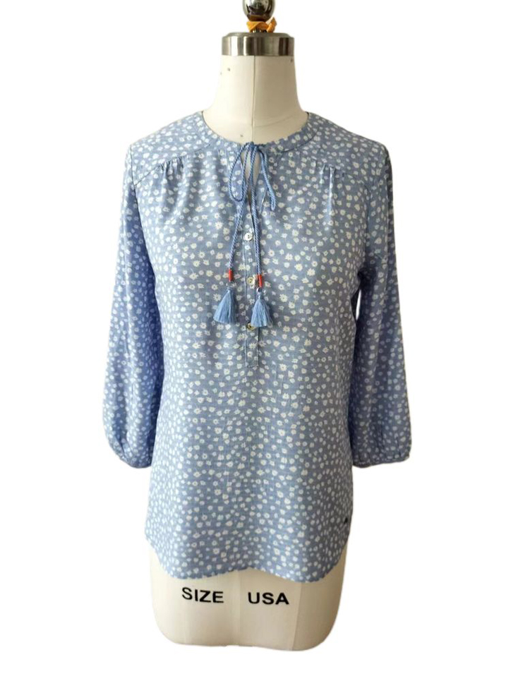Floral Print Jacquard background Tassel Tied Blouse