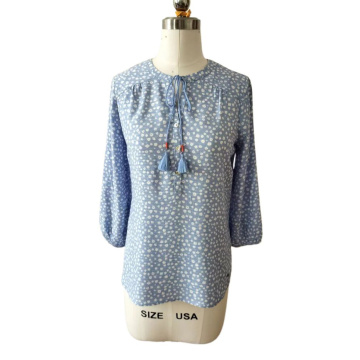 Floral Print Jacquard background Tassel Tied Blouse
