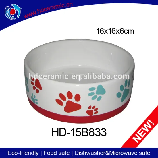 Ceramic dog food bowl with round rubber on bottom