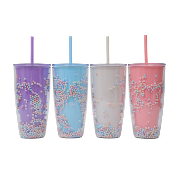 Wide Mouth Tumbler 24oz Double Layer Plastic Straw Cup with Lid and Balls Design