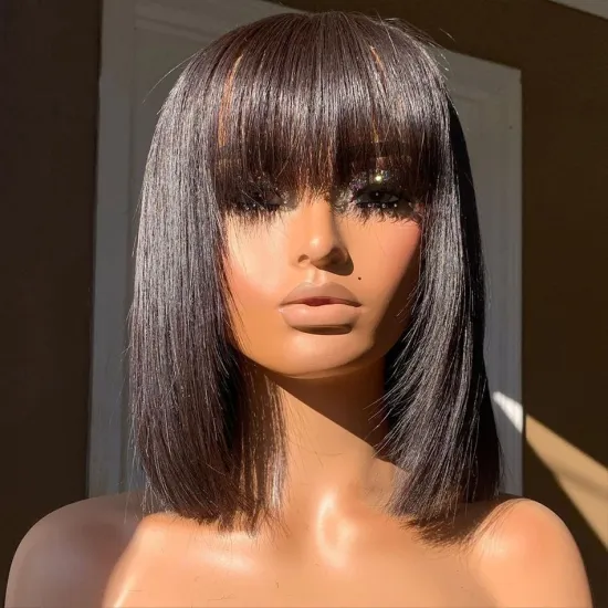 Brazilian Remy Hair 180% Density Straight Bob Wig with Bangs for Black Women