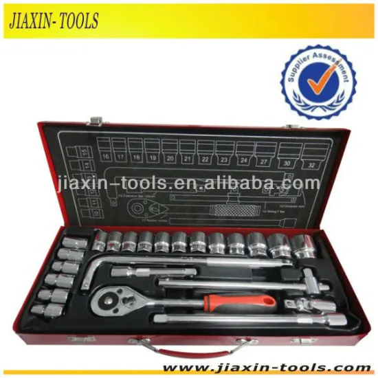 CRV ,Chrome Plated 24 pcs socket set with L Handle ,Ratchet in Iron Case