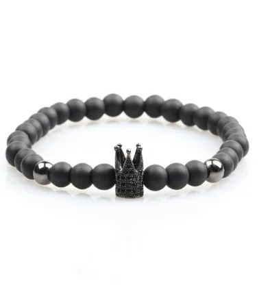 fashion jewelry 2017 8mm natural black agate lucky stone bead bracelet CZ crown bracelet