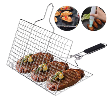 Portable Rectangular BBQ Grilling Basket 430 Stainless Steel Wooden Handle Vegetables Small Foods