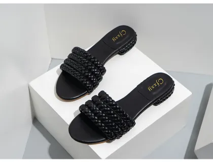 Summer One Word Woven Sandals for Women Casual Thick Heel Flat Sandals
