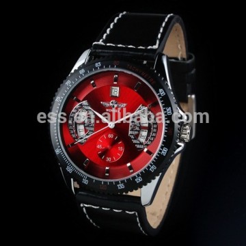 New Mens Red Dial Leather Strap Classic Design Self-Wind Up Mechanical Automatic Watch
