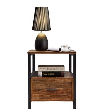 Rustic Retro Wooden and Metal End Sofa Table Bed Night Stand with Drawer for Bedroom