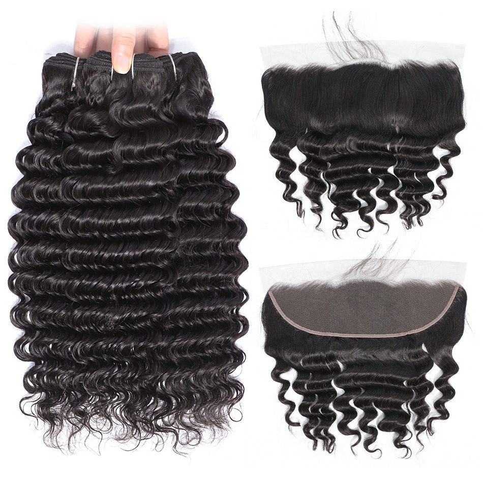 Double drawn deep wave bundles Human Hair Weave Cuticle aligned Mink Brazilian Human Hair Bundles with lace frontals extensions
