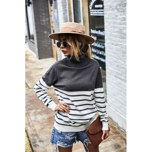 Tops Tees And Blouses Women`s Turtleneck Stripe Color Knitted Sweater Supplier