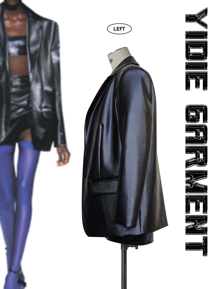 Oversize Broad-shouldered Leather Single-breasted Jacket