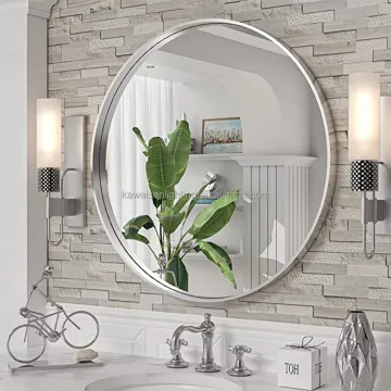Metal Round Framed Wall Mounted Bathroom Mirror - 24 Inch Aluminum Alloy Brushed Silver Circle Mirror for Home and Hotel Decor