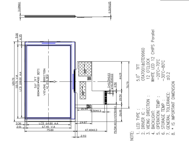 5.0 Inch WVGA 800rgbx480 Dots TFT LCD Module with Controller Otd9960&Ota7001 (VTT050001C0-40)