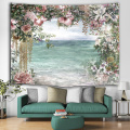 Flower Sea Tapestry Wandbehang Rose Lily Wandteppich Hellblau Natur Elegant für Wohnzimmer Schlafzimmer Wohnheim Wohnkultur