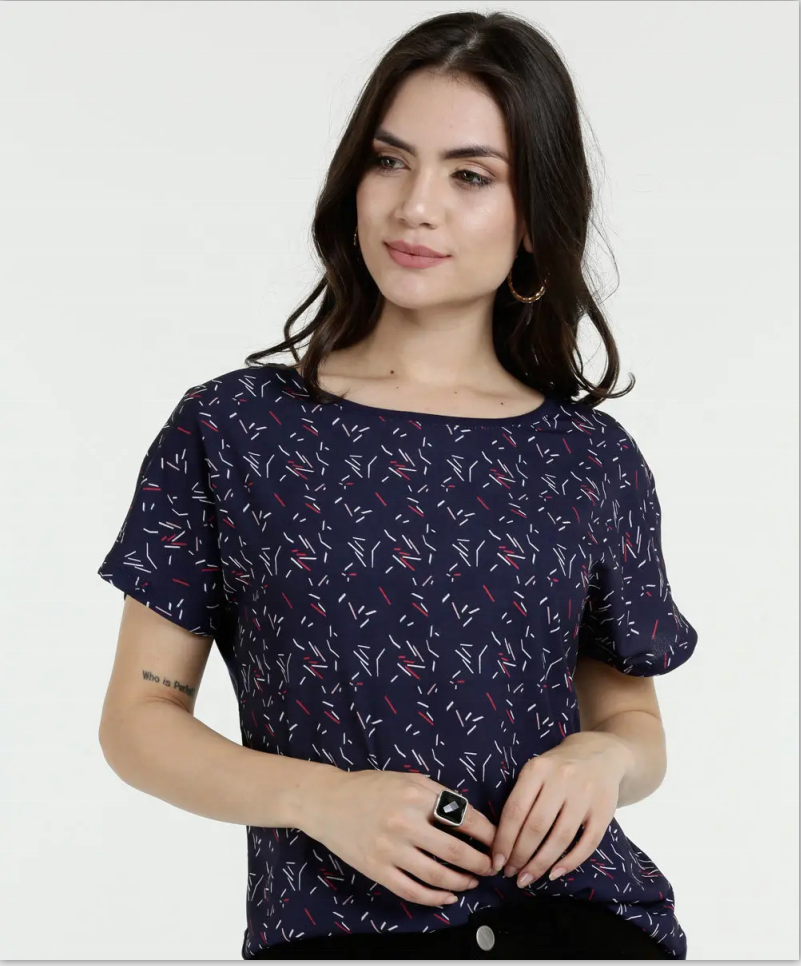 Blusa elegante de chiffon com gola redonda estampada nas costas