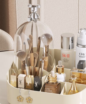 Organizer per cosmetici con copertura antipolvere in vetro