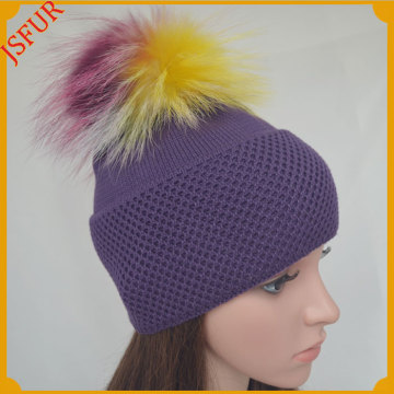 Jsfur Wholesale 100% Cotton Fur Ball Hat Winter Beanie Cap For Adult