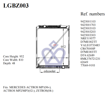 Mercedes actros radiator, 9425001103, 9425001703, 9425003103, 9425003203, 9425003303, LGBZ003