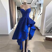Royal Blue Cocktail Dresses With Appliques Lace Sequins Beads High Low Satin Party Dress Cheap Ruffles Sweetheart Prom Dress