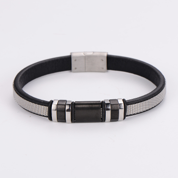 Stainless Steel Magnetic Clasp Mesh Bracelet with Leather for Men