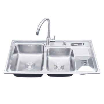SUS304 Stainless Steel Double Bowl Kitchen Sink with Garbage Bin and Knife Holder, 92 x 43CM