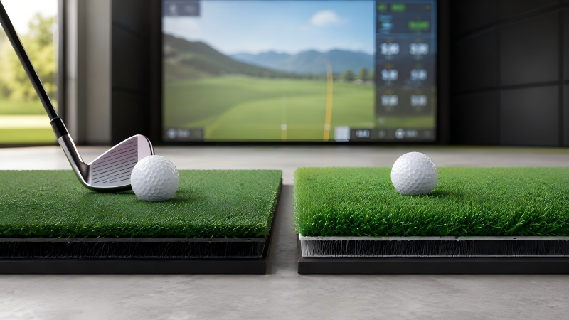 Side view comparison of two golf hitting mats with different turf and base structures