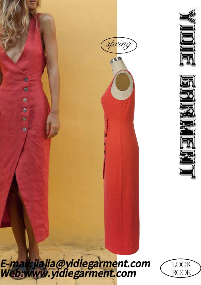 Mid Weight Plain Dyed Deep V Neck Slit Dress Jpg