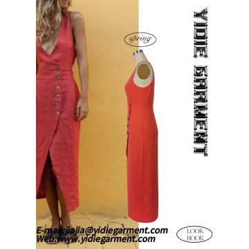 Mid-weight Plain Dyed Deep V-neck Slit Dress